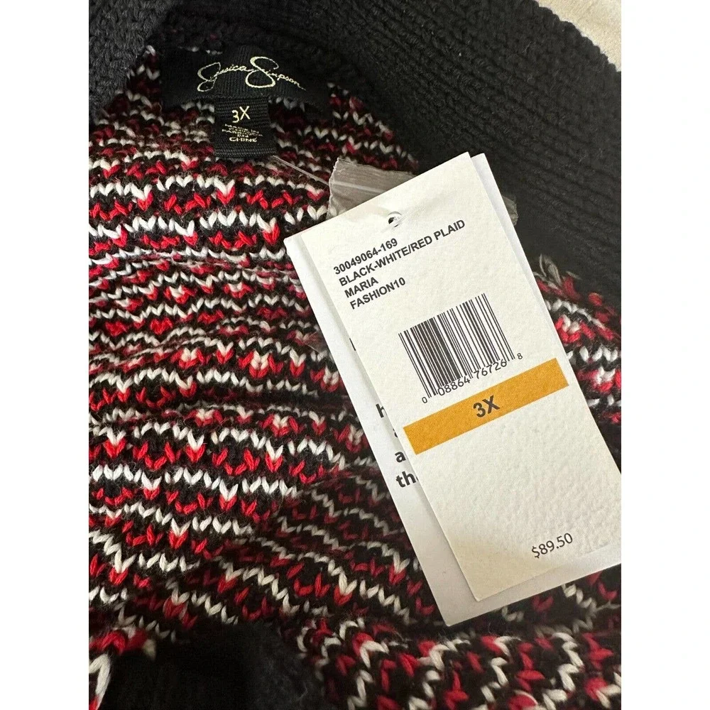 NWT Jessica Simpson Maria Plaid Cardigan Plus Size 3X Thick Knit Blk Red Button - Picture 3 of 8